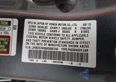 2010 Honda Insight Lx z USA, uszkodzony, nr VIN JHMZE2H50AS042743